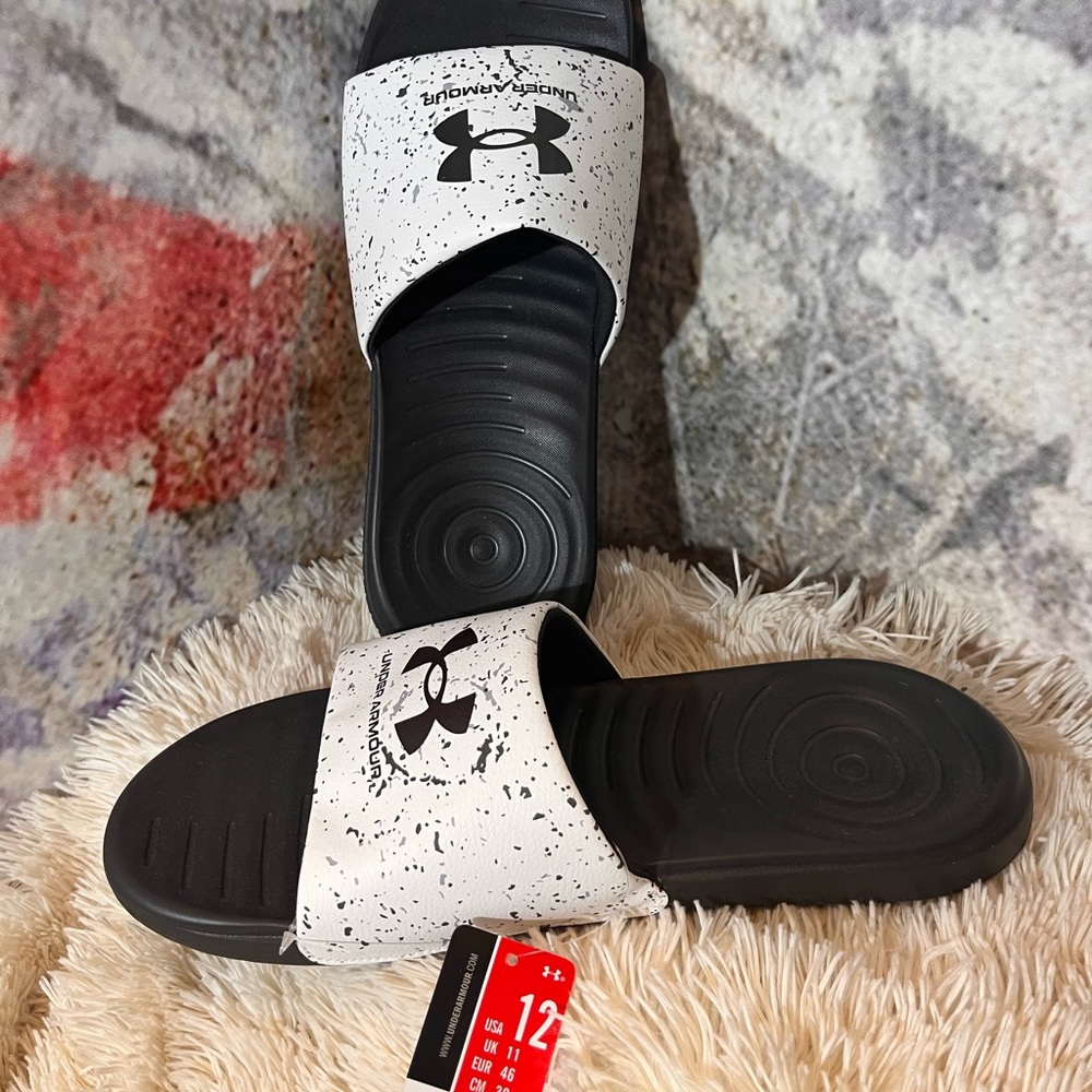 Under Armour Black and White Slides. Men’s size 12